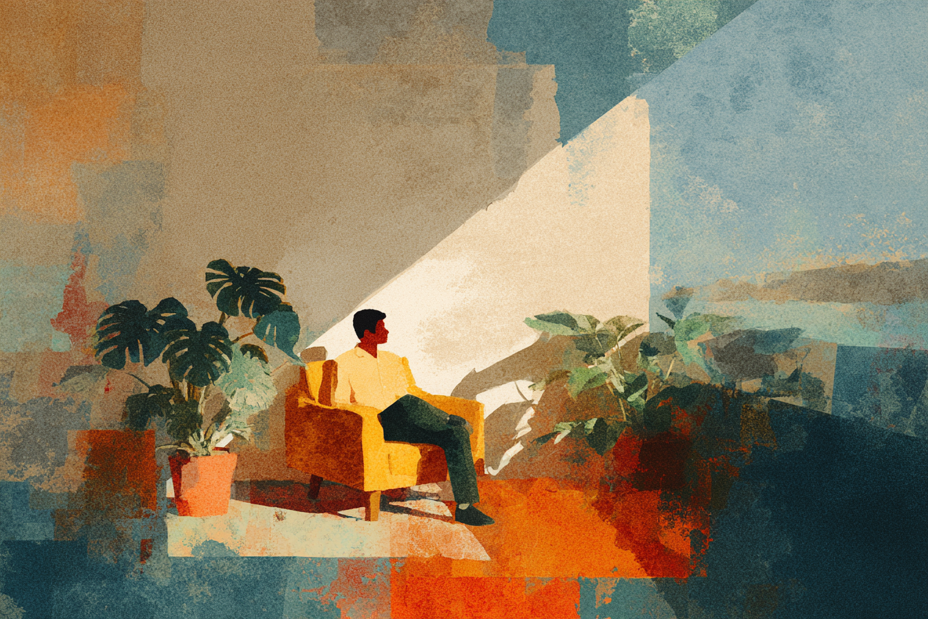 Person sitting quietly in a warm, plant-filled room