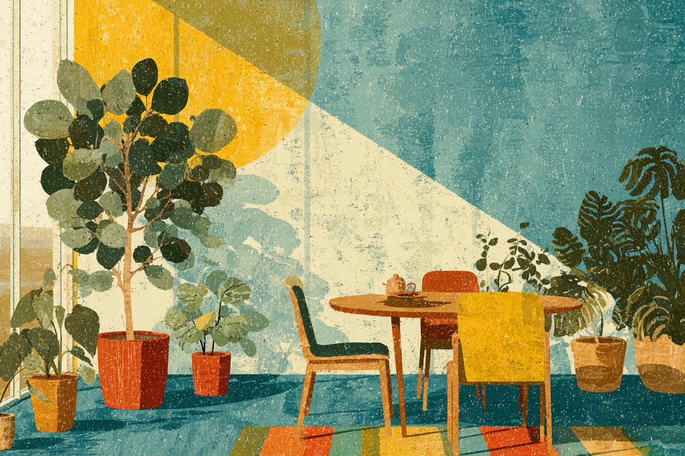 Warm, sunlit interior with plants and comfortable seating